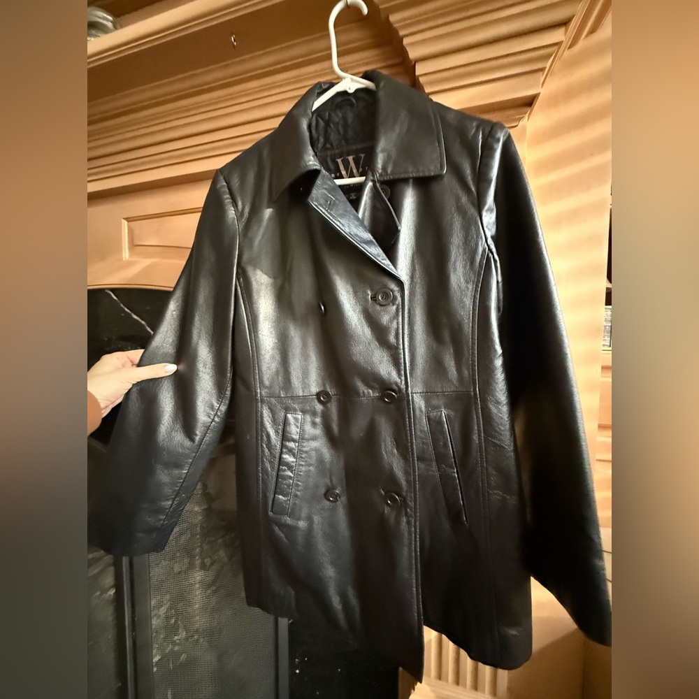 Genuine Black Leather Double-Breasted Women's Coat